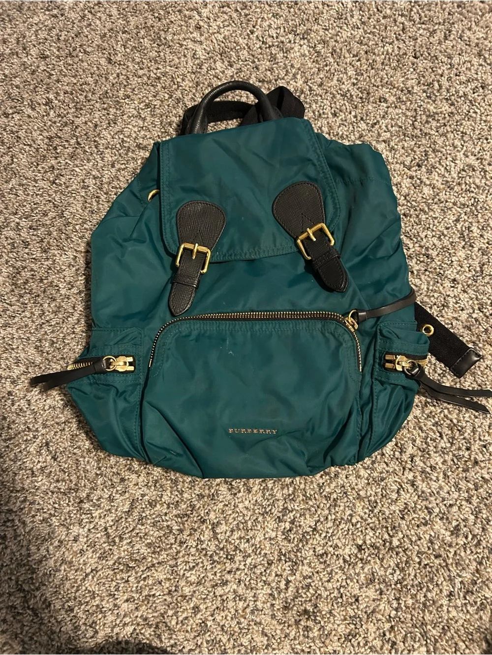 Burberry Green Nylon Backpack with Black Leather Trim and Gold Hardware